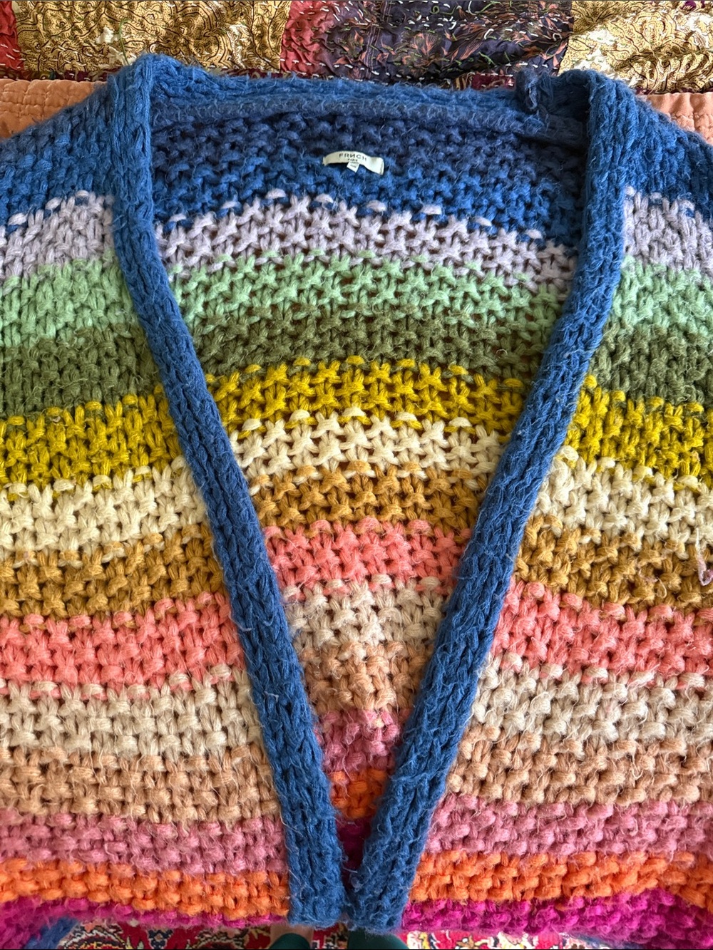 Anthropologie FRNCH Paris Multicolor Striped Crochet Cardigan with Blue Trim
